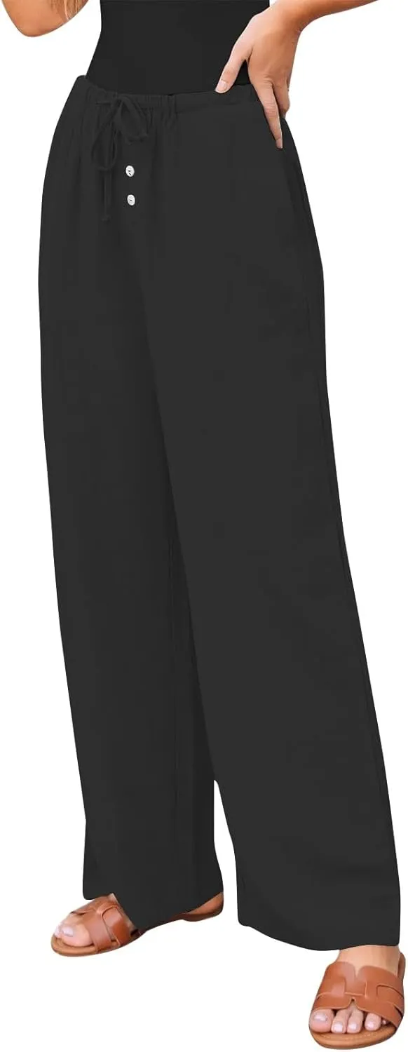 Linen Wide Leg Pants for Women Casual High Waisted Loose Fit Palazzo Pants Summer Flowy Lounge Trousers with Pockets