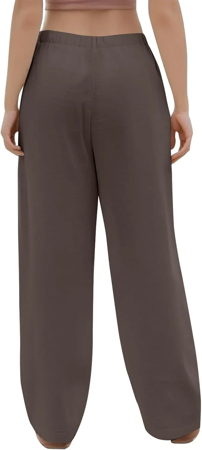 Linen Wide Leg Pants for Women Casual High Waisted Loose Fit Palazzo Pants Summer Flowy Lounge Trousers with Pockets