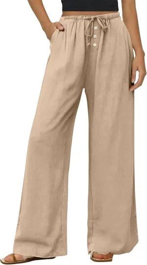 Linen Wide Leg Pants for Women Casual High Waisted Loose Fit Palazzo Pants Summer Flowy Lounge Trousers with Pockets