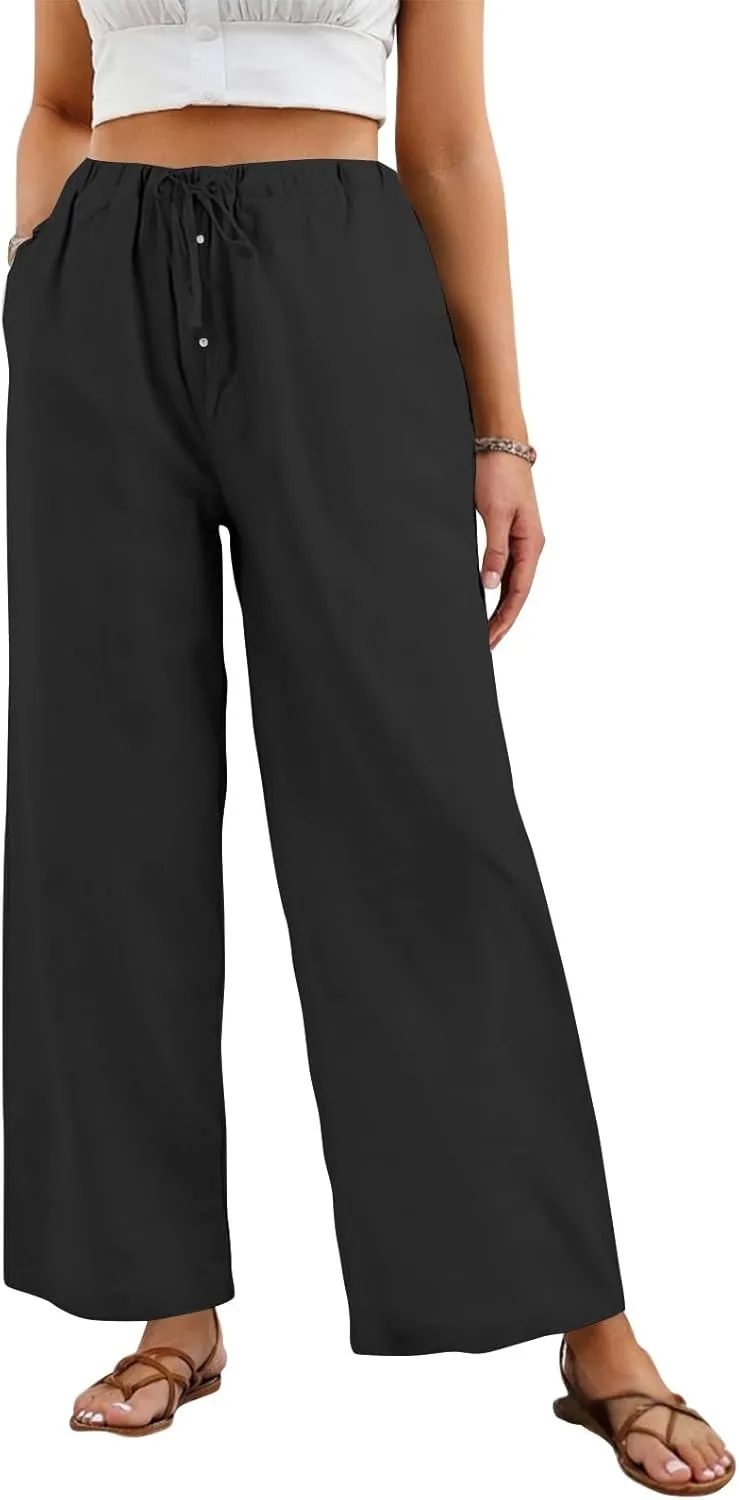 Linen Wide Leg Pants for Women Casual High Waisted Loose Fit Palazzo Pants Summer Flowy Lounge Trousers with Pockets