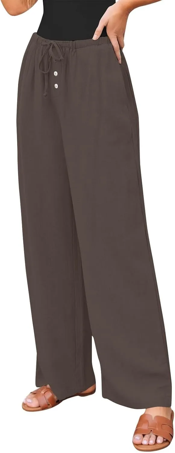 Linen Wide Leg Pants for Women Casual High Waisted Loose Fit Palazzo Pants Summer Flowy Lounge Trousers with Pockets