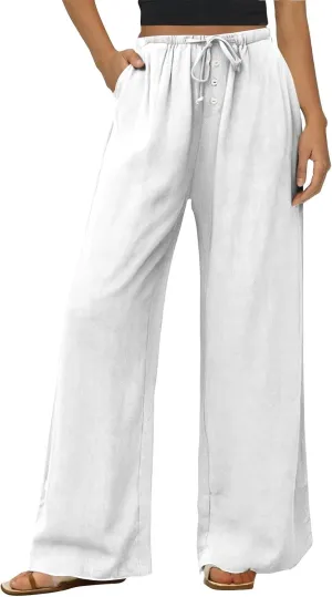 Linen Wide Leg Pants for Women Casual High Waisted Loose Fit Palazzo Pants Summer Flowy Lounge Trousers with Pockets