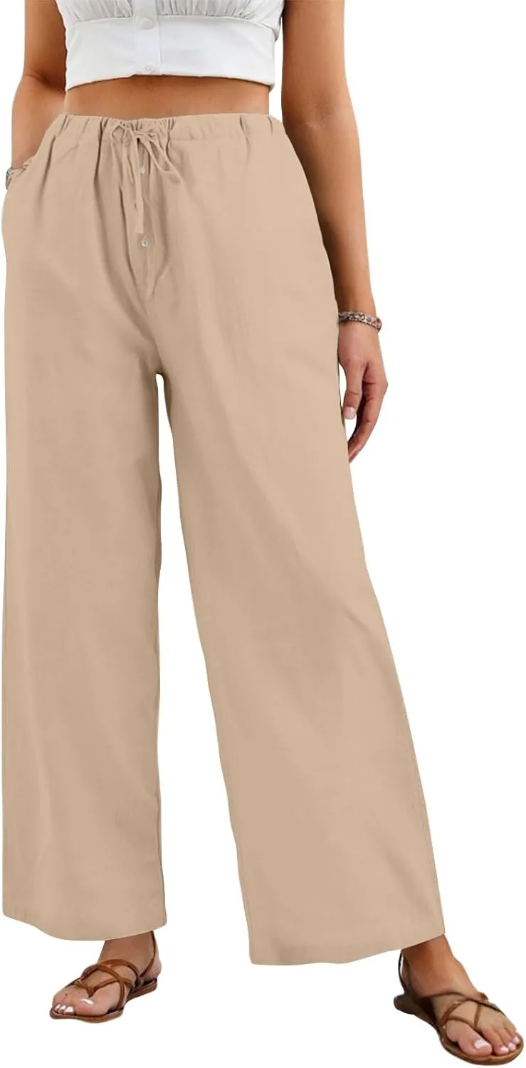 Linen Wide Leg Pants for Women Casual High Waisted Loose Fit Palazzo Pants Summer Flowy Lounge Trousers with Pockets