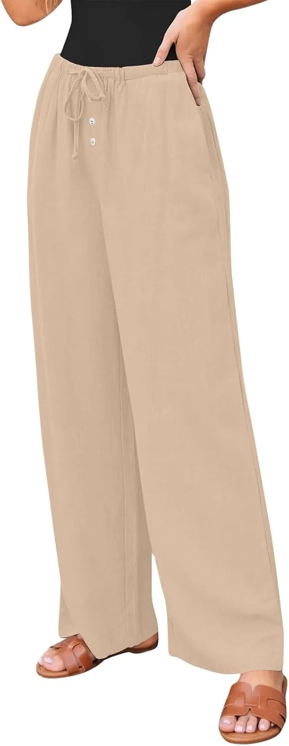 Linen Wide Leg Pants for Women Casual High Waisted Loose Fit Palazzo Pants Summer Flowy Lounge Trousers with Pockets