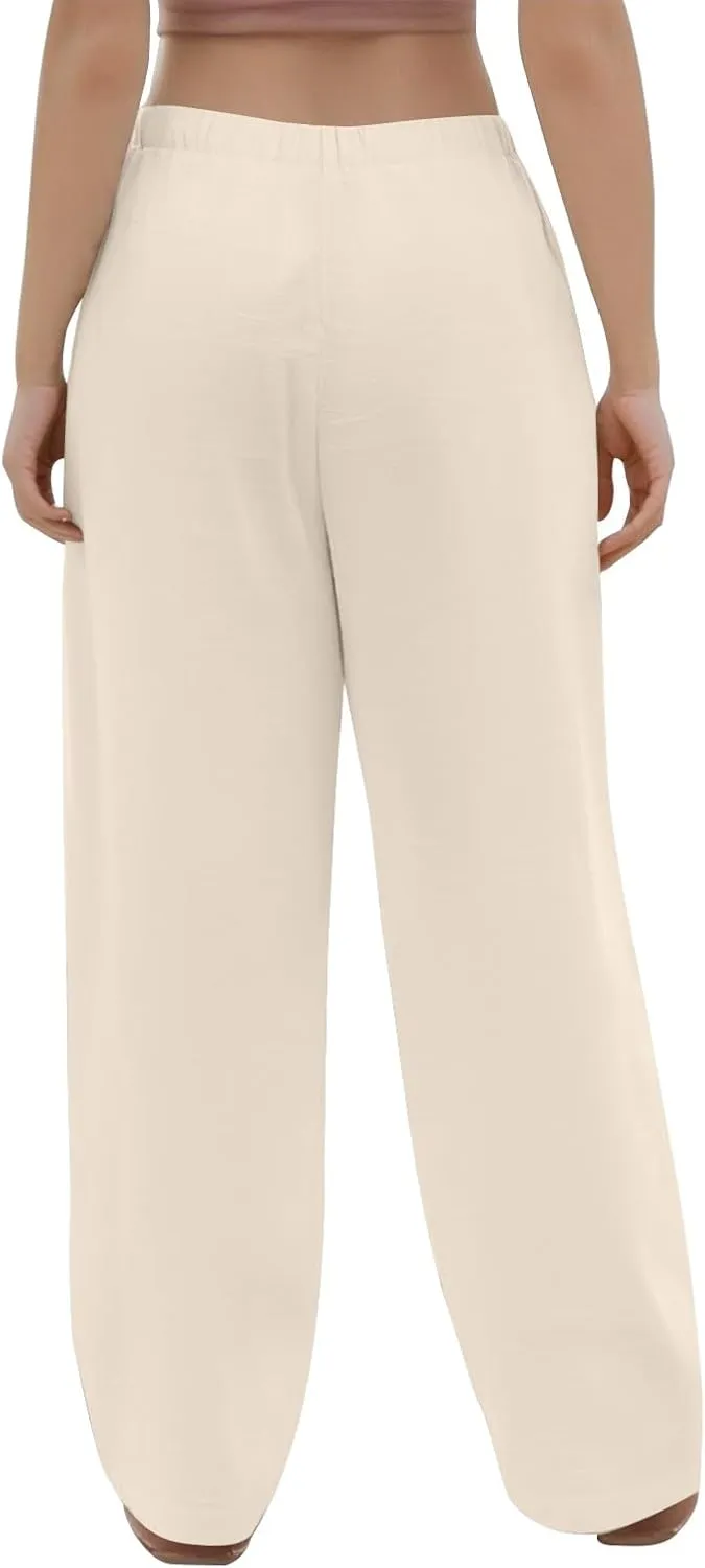 Linen Wide Leg Pants for Women Casual High Waisted Loose Fit Palazzo Pants Summer Flowy Lounge Trousers with Pockets