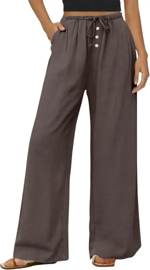 Linen Wide Leg Pants for Women Casual High Waisted Loose Fit Palazzo Pants Summer Flowy Lounge Trousers with Pockets