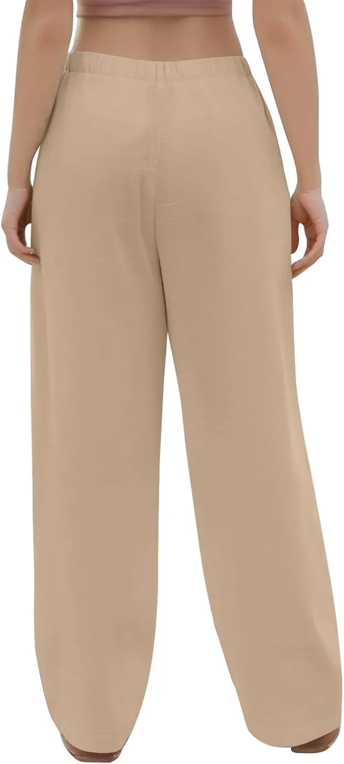 Linen Wide Leg Pants for Women Casual High Waisted Loose Fit Palazzo Pants Summer Flowy Lounge Trousers with Pockets