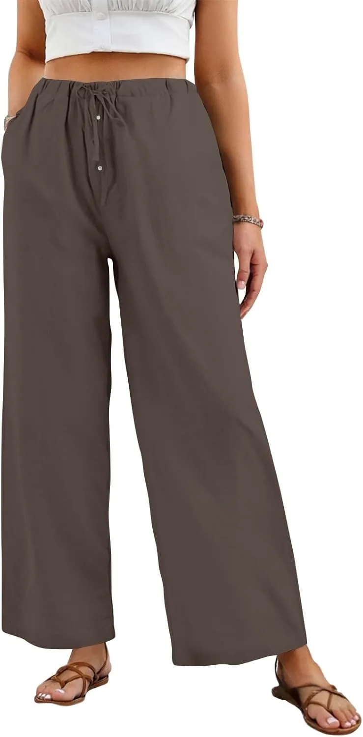 Linen Wide Leg Pants for Women Casual High Waisted Loose Fit Palazzo Pants Summer Flowy Lounge Trousers with Pockets