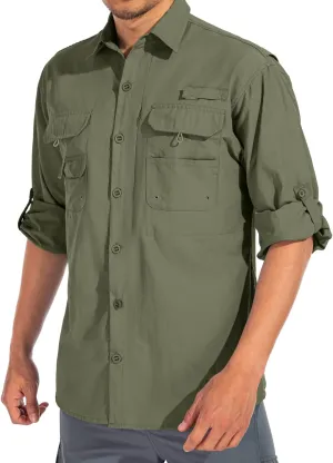 linlon Mens Safari Shirts Long Sleeve UV Protection Hiking Fishing UPF 50  Quick Dry Cooling Camping Travel Shirts