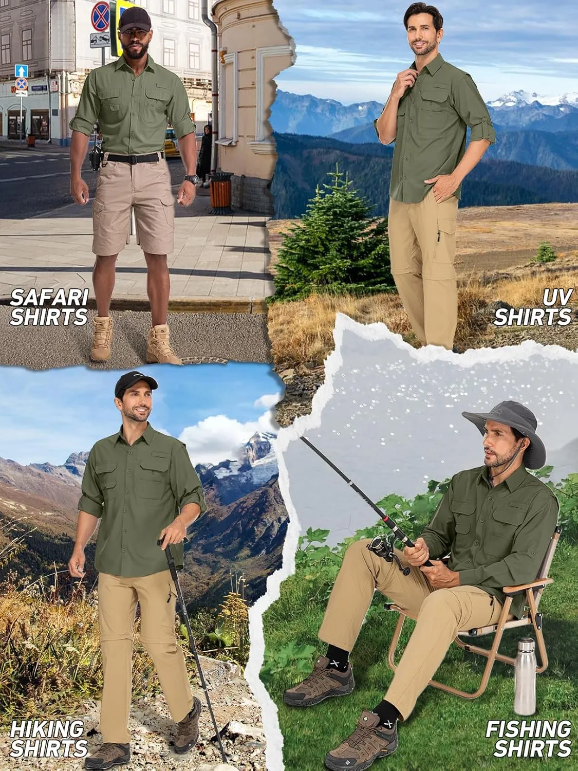linlon Mens Safari Shirts Long Sleeve UV Protection Hiking Fishing UPF 50  Quick Dry Cooling Camping Travel Shirts