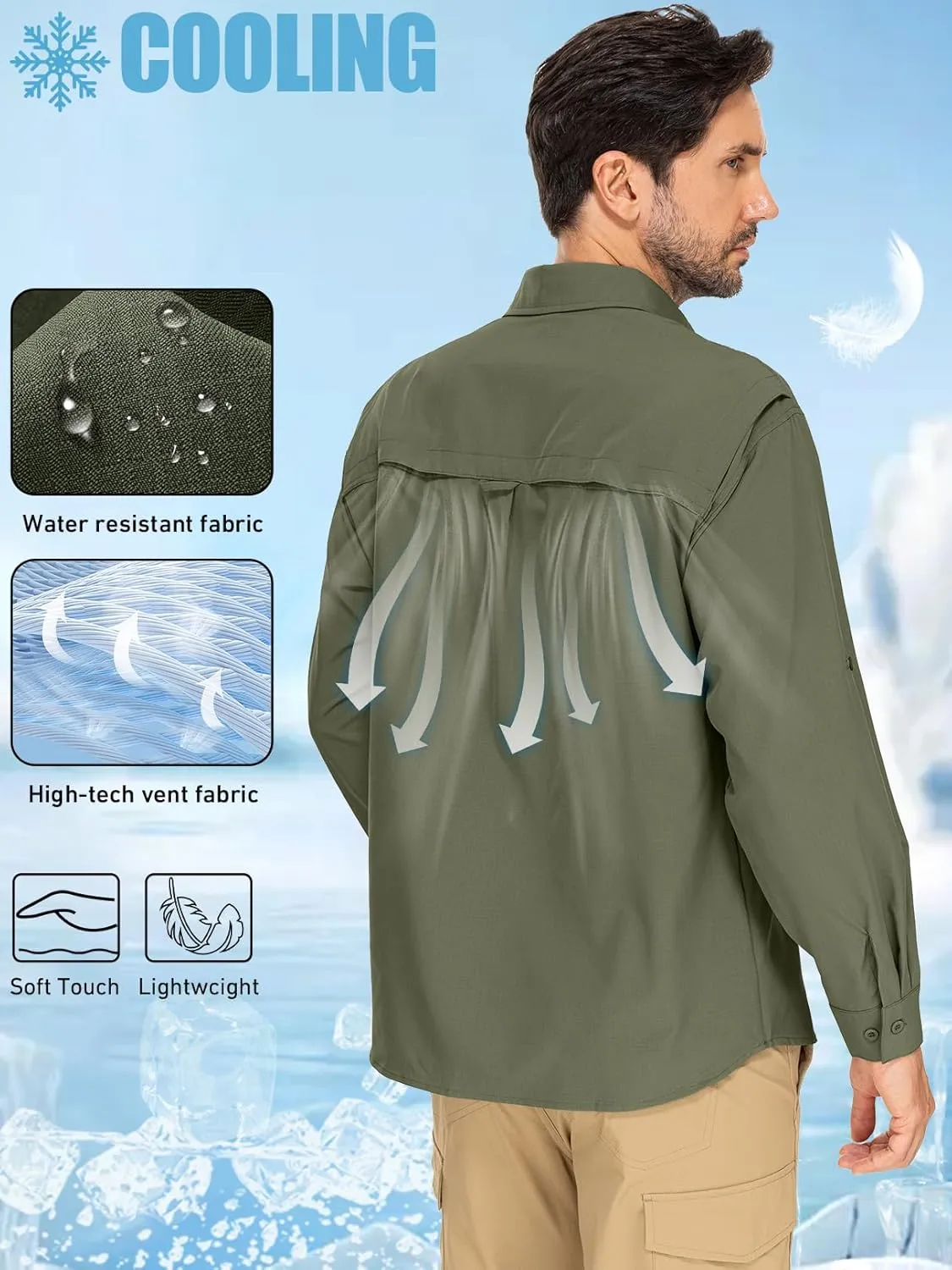 linlon Mens Safari Shirts Long Sleeve UV Protection Hiking Fishing UPF 50  Quick Dry Cooling Camping Travel Shirts