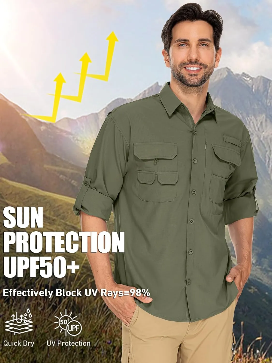 linlon Mens Safari Shirts Long Sleeve UV Protection Hiking Fishing UPF 50  Quick Dry Cooling Camping Travel Shirts