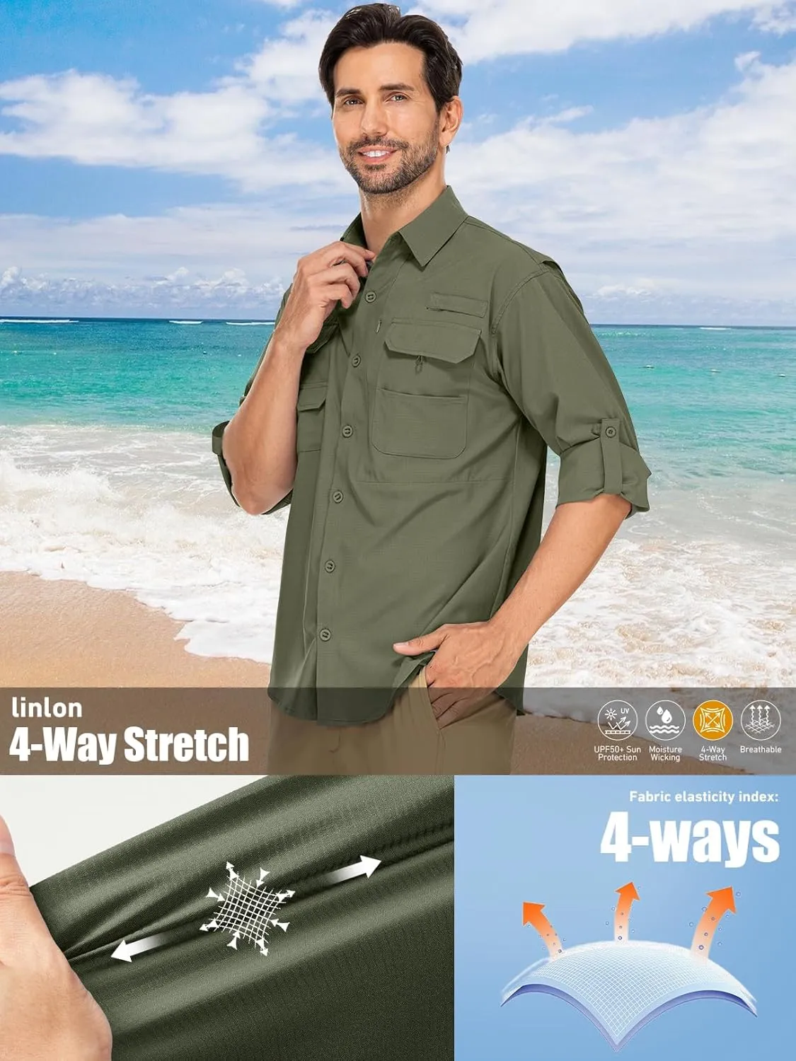 linlon Mens Safari Shirts Long Sleeve UV Protection Hiking Fishing UPF 50  Quick Dry Cooling Camping Travel Shirts