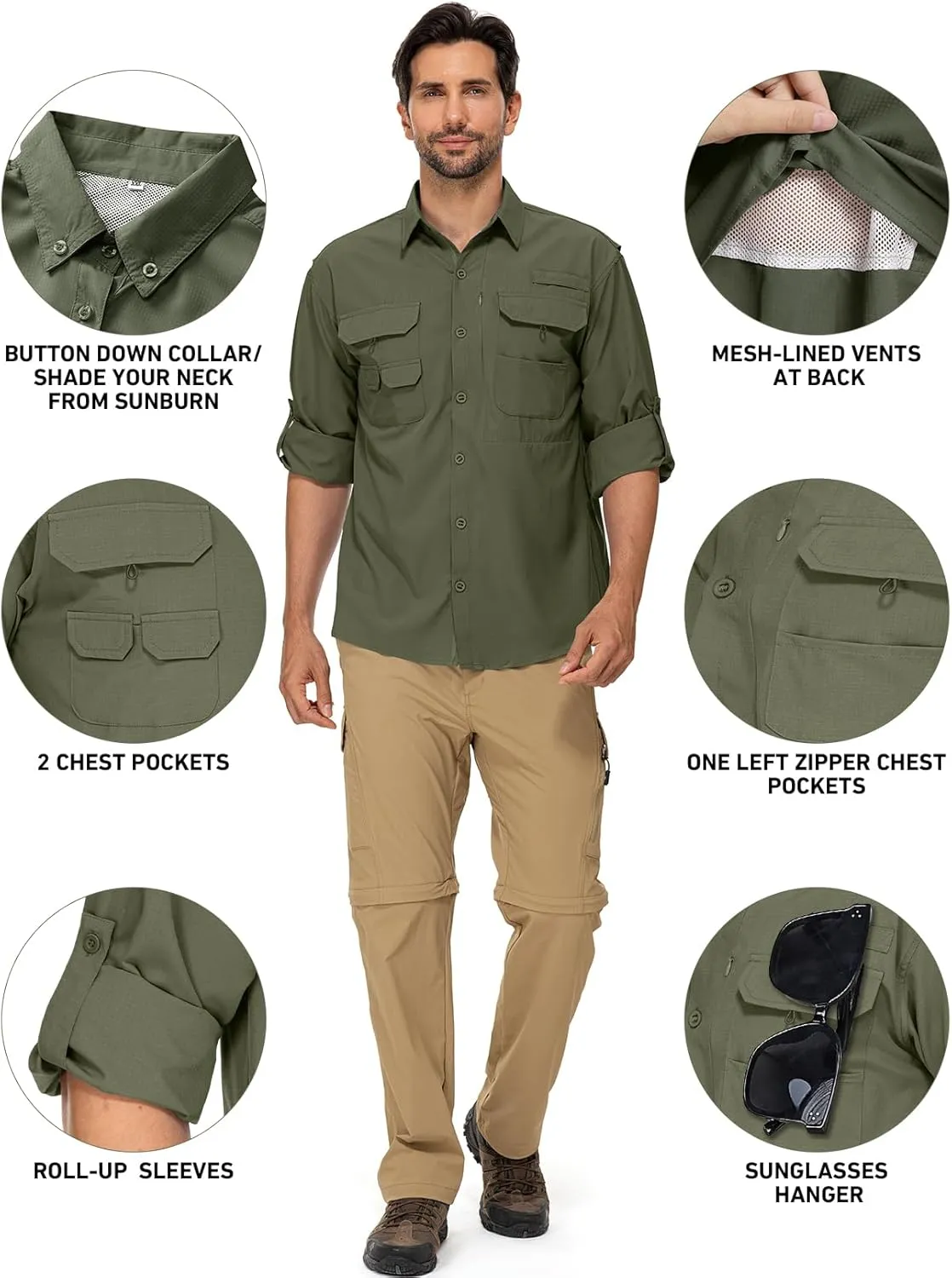 linlon Mens Safari Shirts Long Sleeve UV Protection Hiking Fishing UPF 50  Quick Dry Cooling Camping Travel Shirts