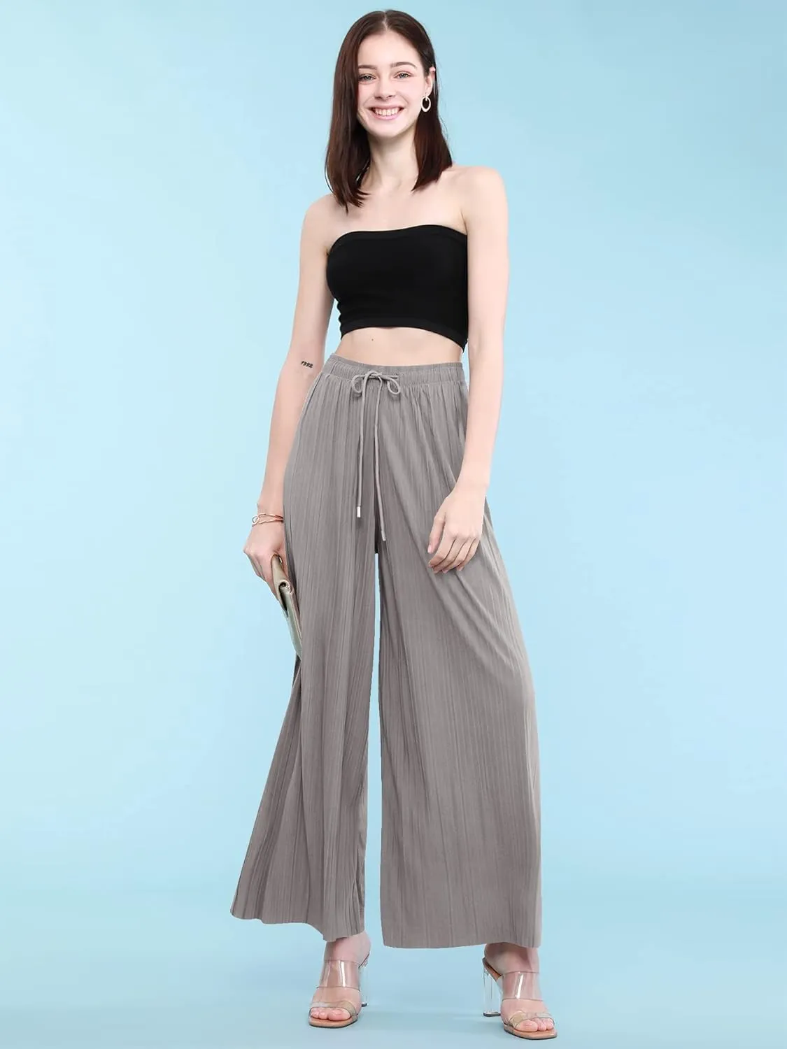 Lock and Love Womens Pleated Wide Leg Palazzo Maxi Pants with Drawstring or Elastic Band