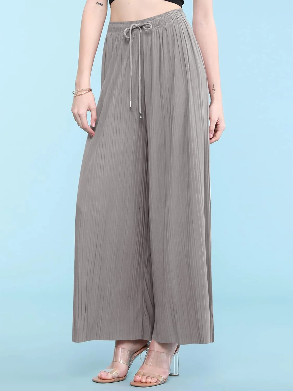Lock and Love Womens Pleated Wide Leg Palazzo Maxi Pants with Drawstring or Elastic Band