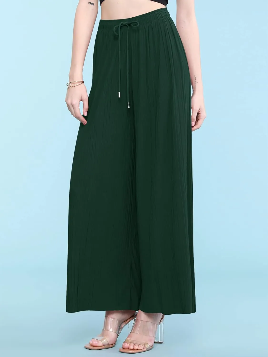 Lock and Love Womens Pleated Wide Leg Palazzo Maxi Pants with Drawstring or Elastic Band