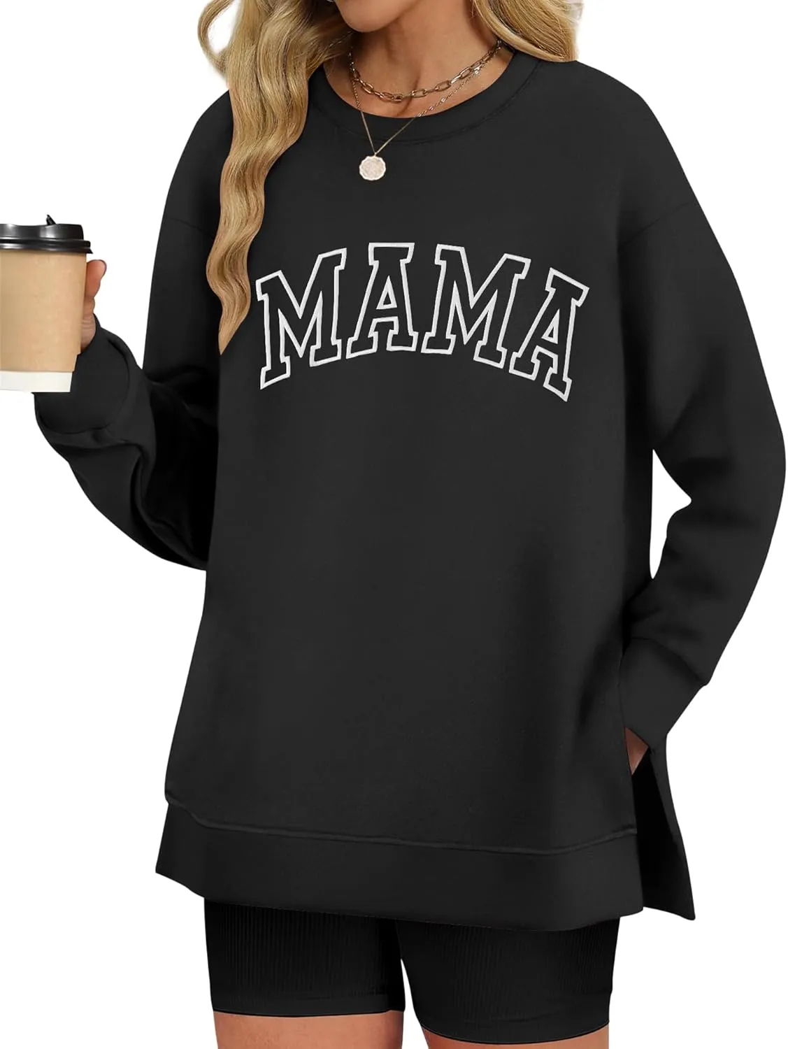 LOMON Long Sleeve Mama Shirts for Women Crewneck Oversized Tshirts Split Side Graphic Tees Fall Pullover Tops