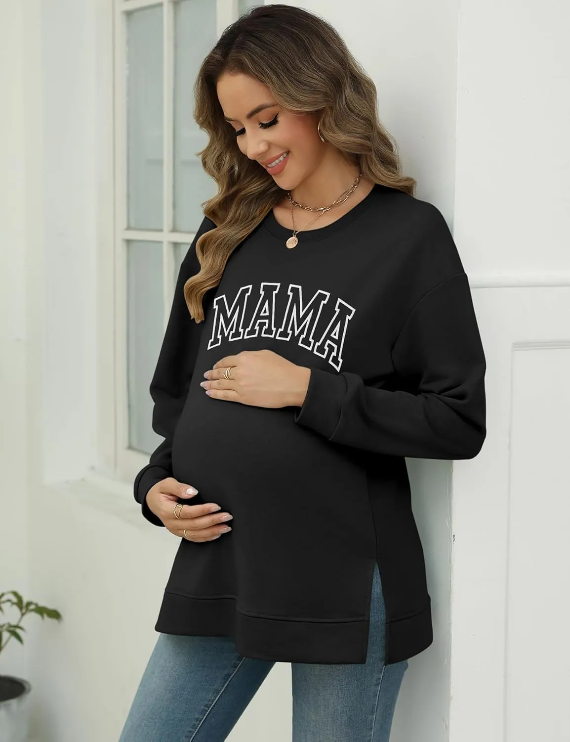 LOMON Long Sleeve Mama Shirts for Women Crewneck Oversized Tshirts Split Side Graphic Tees Fall Pullover Tops