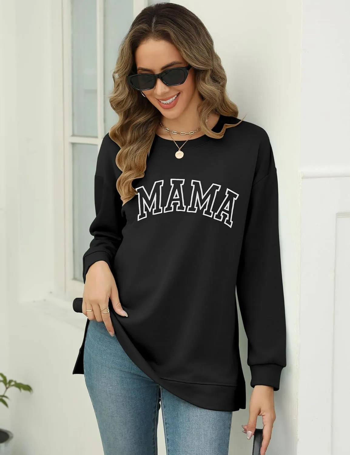 LOMON Long Sleeve Mama Shirts for Women Crewneck Oversized Tshirts Split Side Graphic Tees Fall Pullover Tops