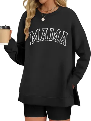 LOMON Long Sleeve Mama Shirts for Women Crewneck Oversized Tshirts Split Side Graphic Tees Fall Pullover Tops