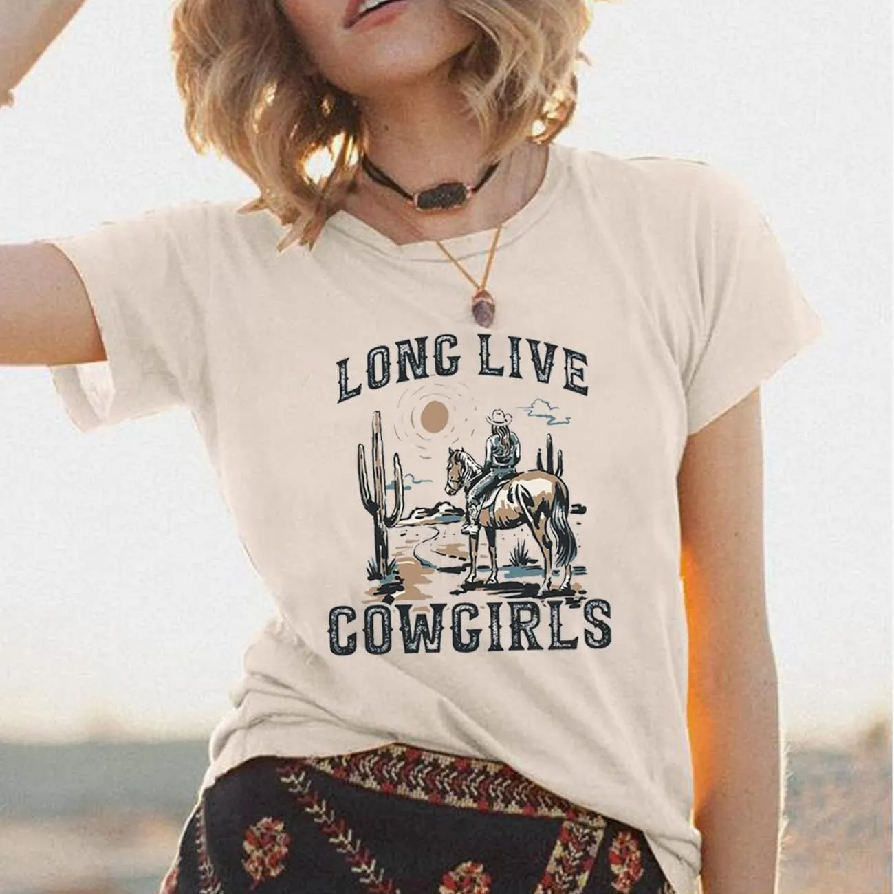 Long Live Cowboys Shirts Women Western Vintage Graphic Tees Funny Letter Print Country Music Tshirt