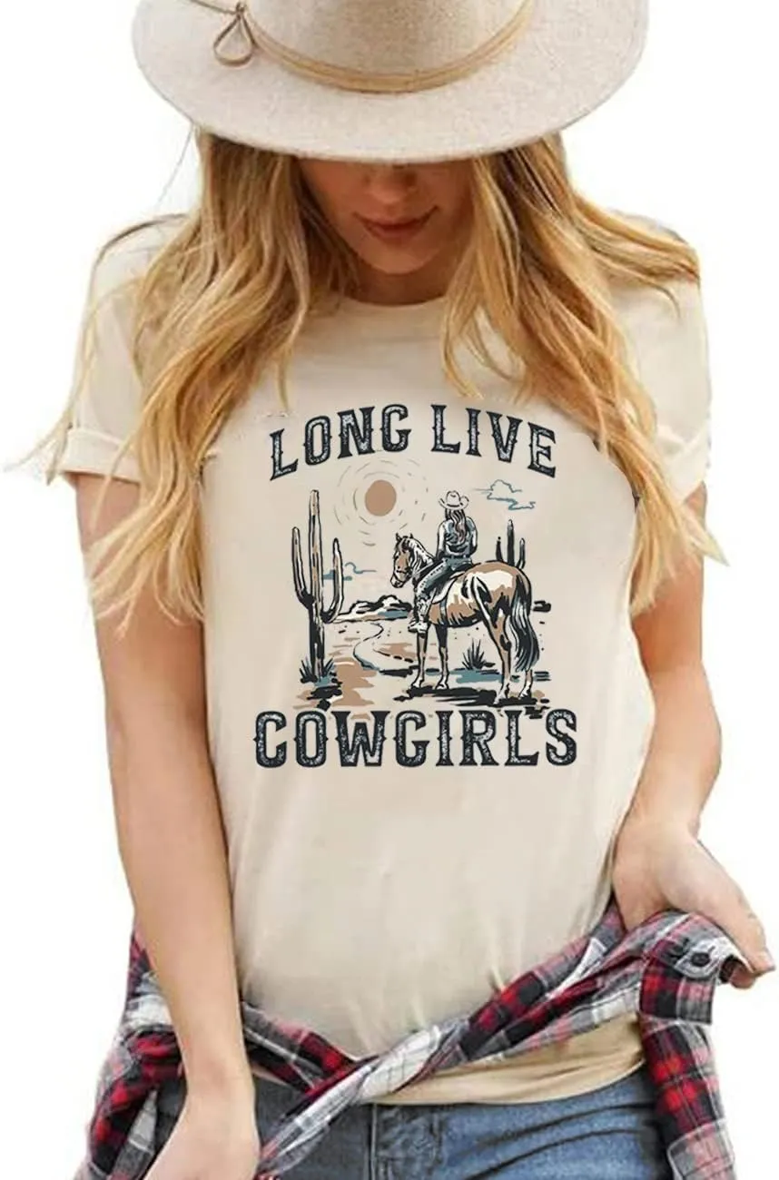 Long Live Cowboys Shirts Women Western Vintage Graphic Tees Funny Letter Print Country Music Tshirt