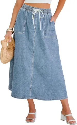 luvamia Denim Skirts for Women Trendy A Line Long Maxi Pull On Elastic Waist Drawstring Stretchy Jean Skirt with Pockets