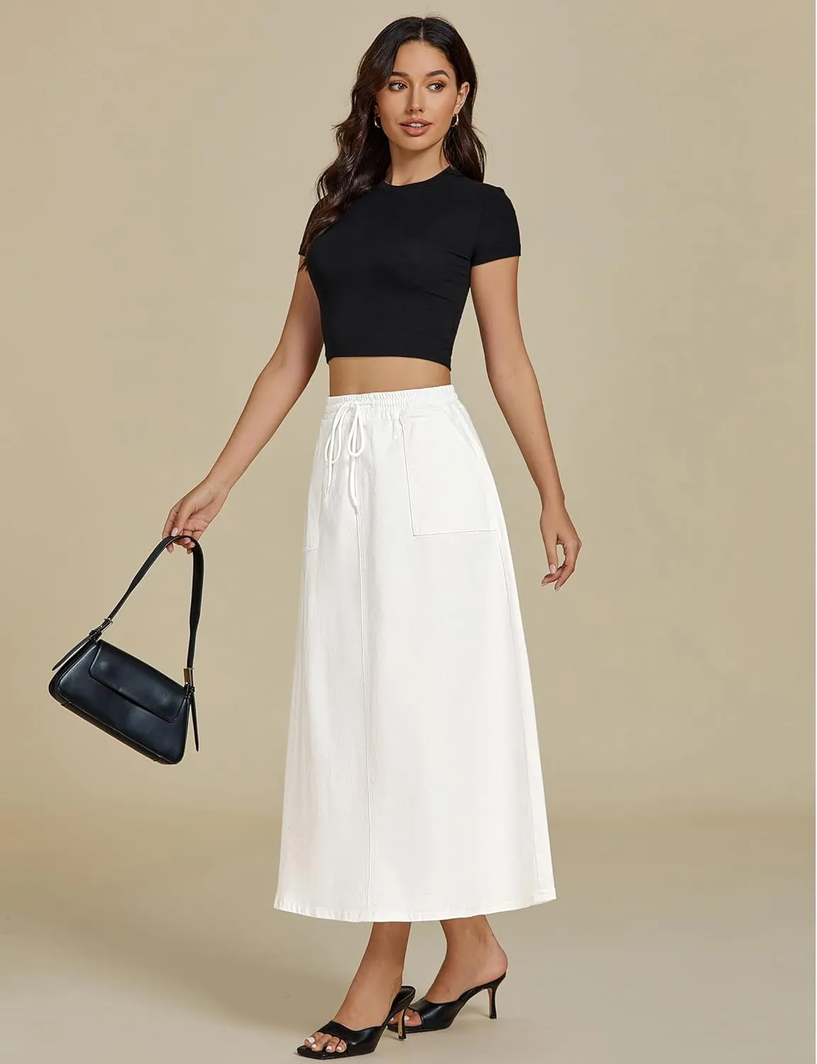luvamia Denim Skirts for Women Trendy A Line Long Maxi Pull On Elastic Waist Drawstring Stretchy Jean Skirt with Pockets