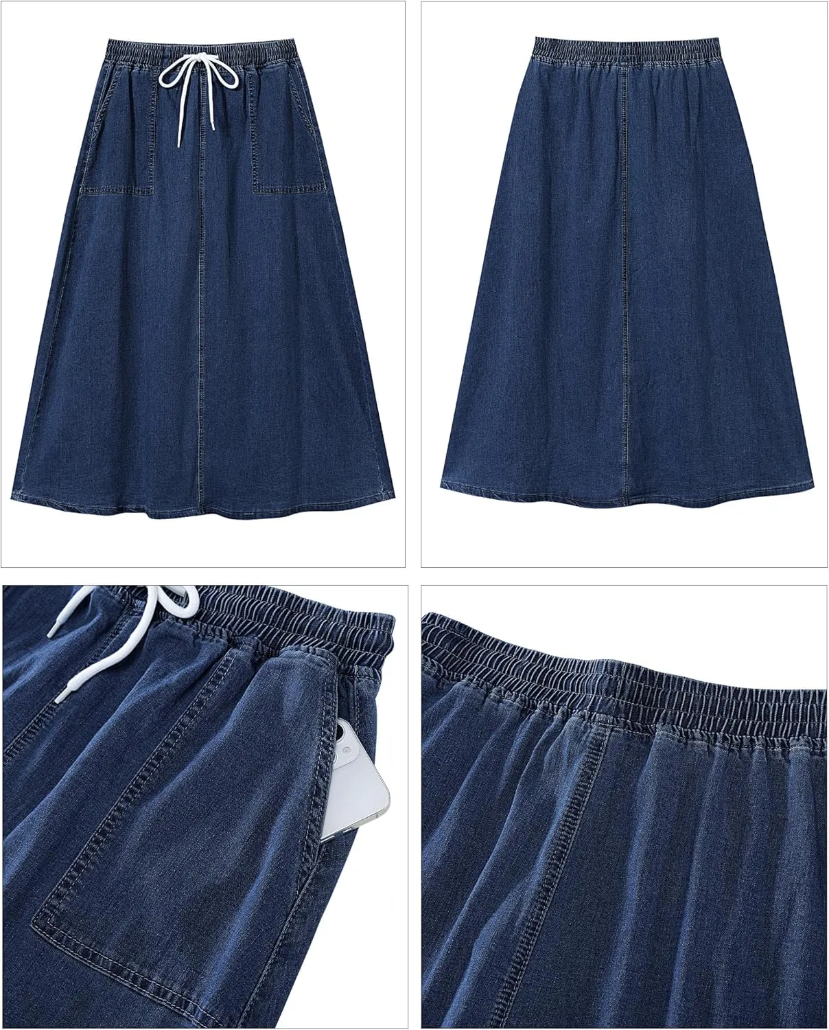luvamia Denim Skirts for Women Trendy A Line Long Maxi Pull On Elastic Waist Drawstring Stretchy Jean Skirt with Pockets