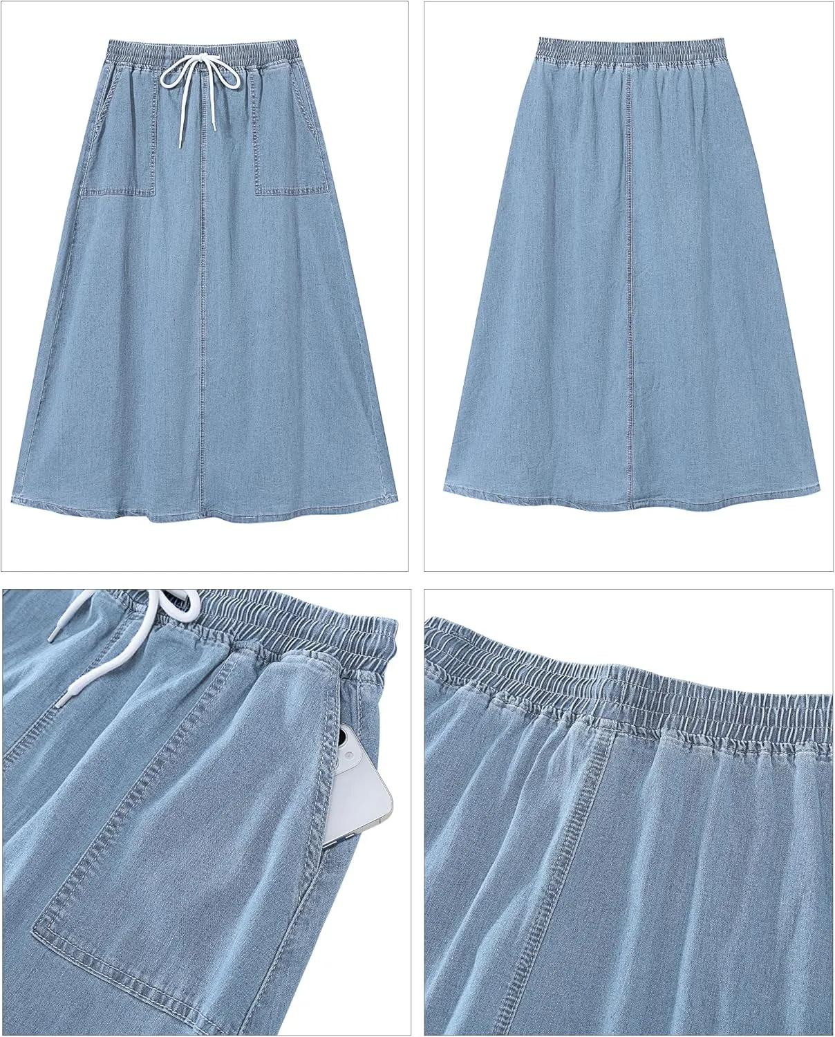 luvamia Denim Skirts for Women Trendy A Line Long Maxi Pull On Elastic Waist Drawstring Stretchy Jean Skirt with Pockets