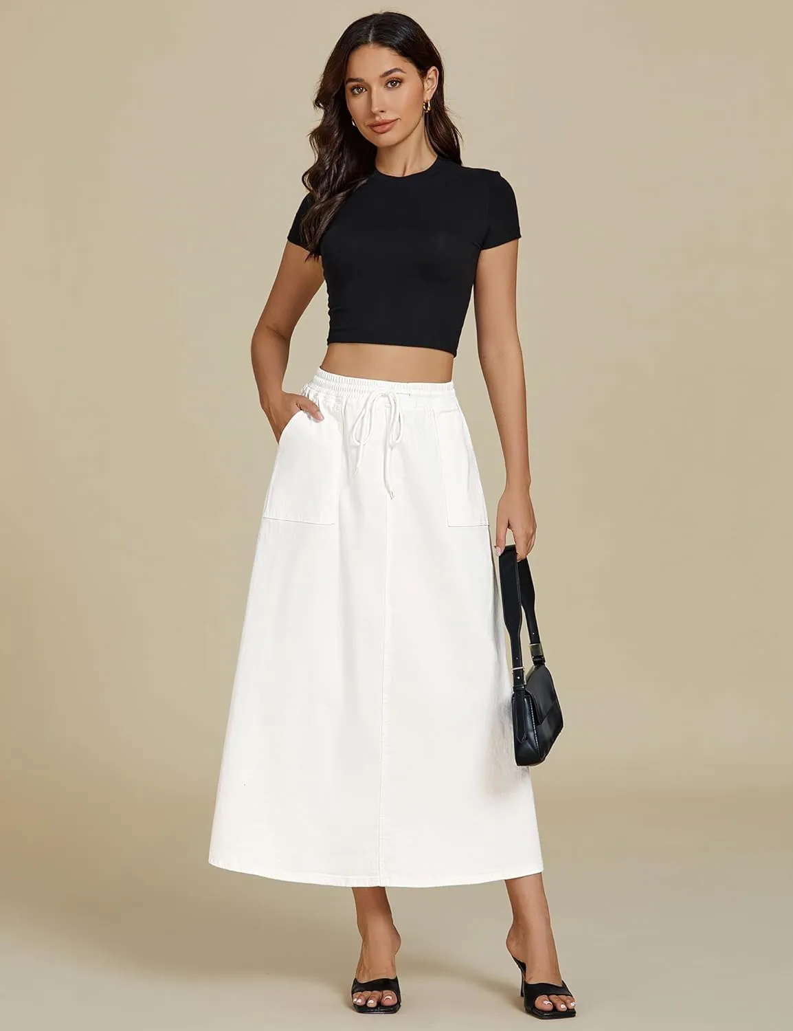 luvamia Denim Skirts for Women Trendy A Line Long Maxi Pull On Elastic Waist Drawstring Stretchy Jean Skirt with Pockets