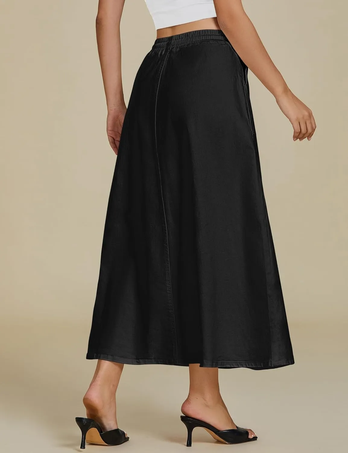 luvamia Denim Skirts for Women Trendy A Line Long Maxi Pull On Elastic Waist Drawstring Stretchy Jean Skirt with Pockets