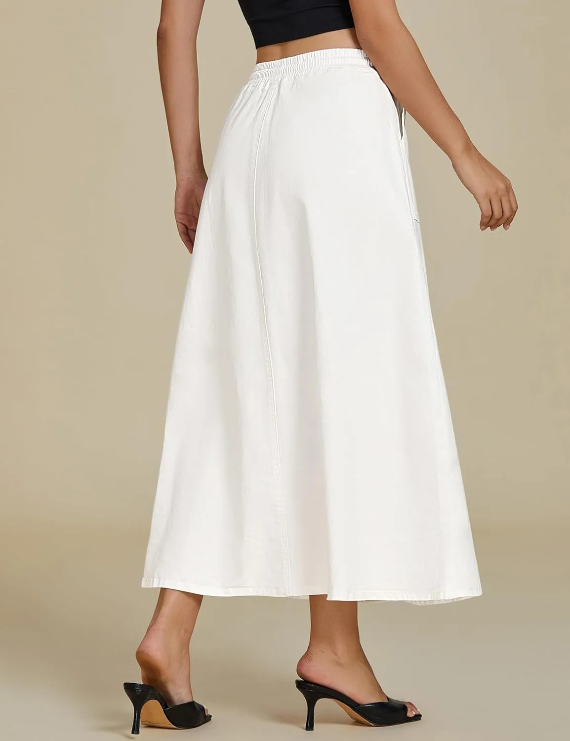 luvamia Denim Skirts for Women Trendy A Line Long Maxi Pull On Elastic Waist Drawstring Stretchy Jean Skirt with Pockets