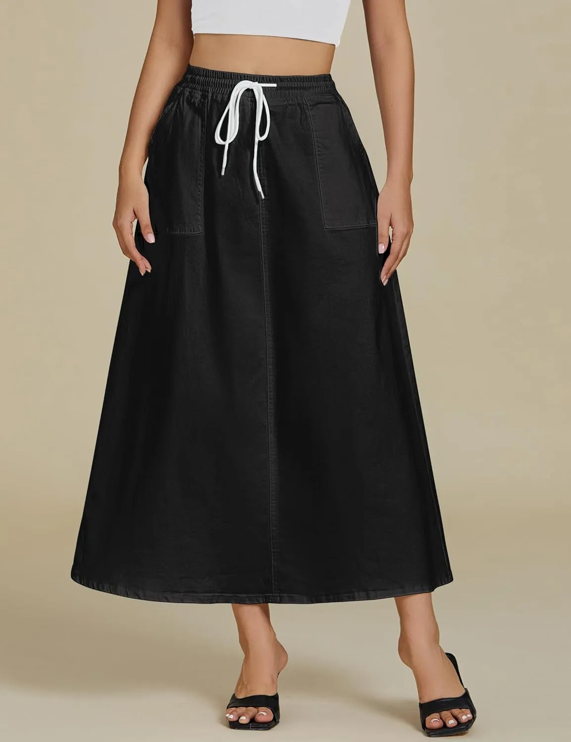 luvamia Denim Skirts for Women Trendy A Line Long Maxi Pull On Elastic Waist Drawstring Stretchy Jean Skirt with Pockets