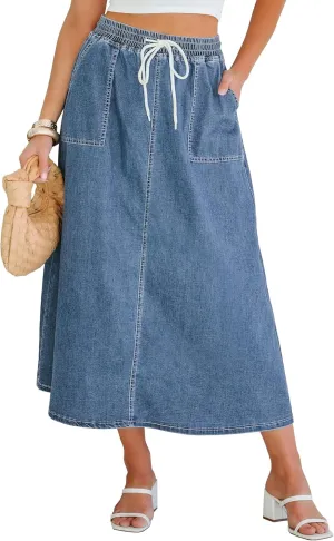 luvamia Denim Skirts for Women Trendy A Line Long Maxi Pull On Elastic Waist Drawstring Stretchy Jean Skirt with Pockets