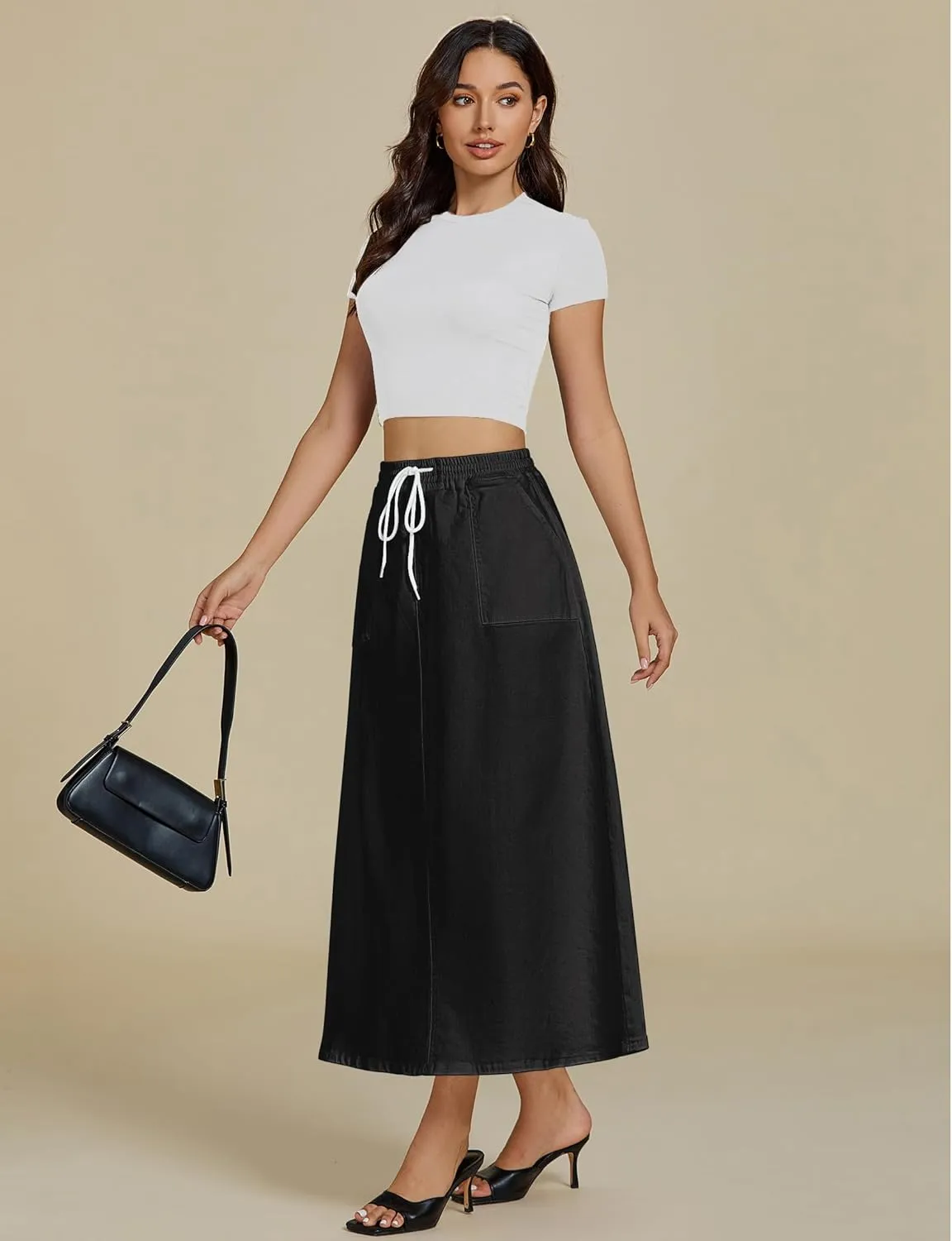 luvamia Denim Skirts for Women Trendy A Line Long Maxi Pull On Elastic Waist Drawstring Stretchy Jean Skirt with Pockets