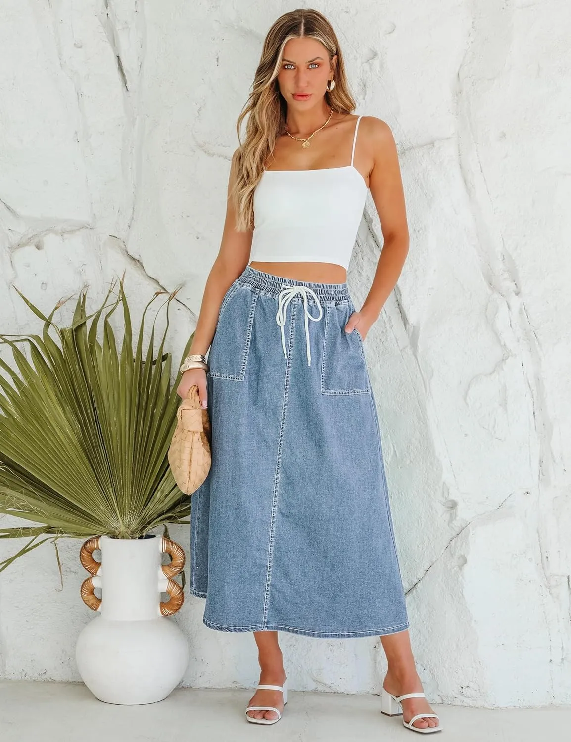 luvamia Denim Skirts for Women Trendy A Line Long Maxi Pull On Elastic Waist Drawstring Stretchy Jean Skirt with Pockets