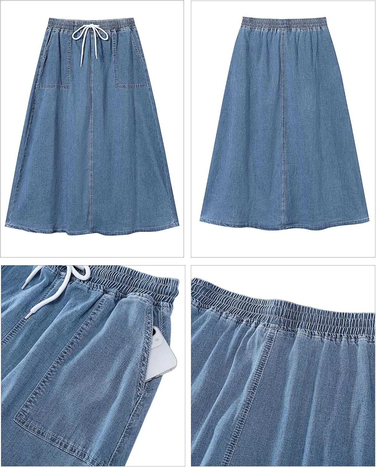 luvamia Denim Skirts for Women Trendy A Line Long Maxi Pull On Elastic Waist Drawstring Stretchy Jean Skirt with Pockets