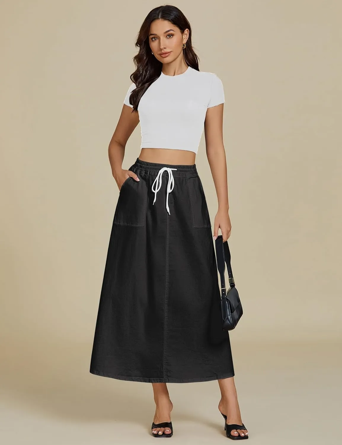 luvamia Denim Skirts for Women Trendy A Line Long Maxi Pull On Elastic Waist Drawstring Stretchy Jean Skirt with Pockets