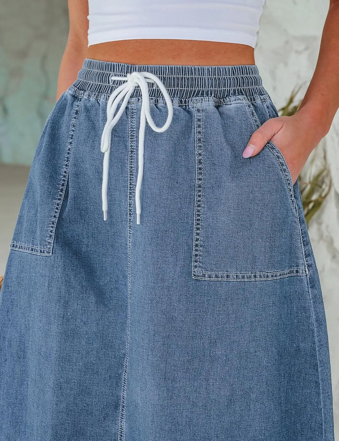 luvamia Denim Skirts for Women Trendy A Line Long Maxi Pull On Elastic Waist Drawstring Stretchy Jean Skirt with Pockets