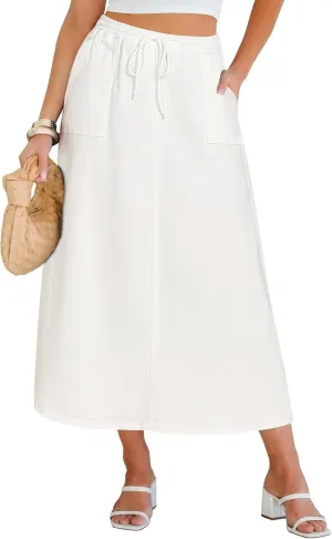luvamia Denim Skirts for Women Trendy A Line Long Maxi Pull On Elastic Waist Drawstring Stretchy Jean Skirt with Pockets