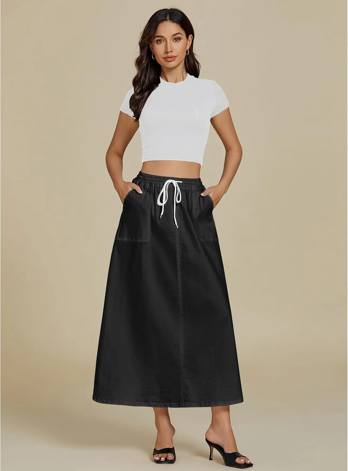 luvamia Denim Skirts for Women Trendy A Line Long Maxi Pull On Elastic Waist Drawstring Stretchy Jean Skirt with Pockets