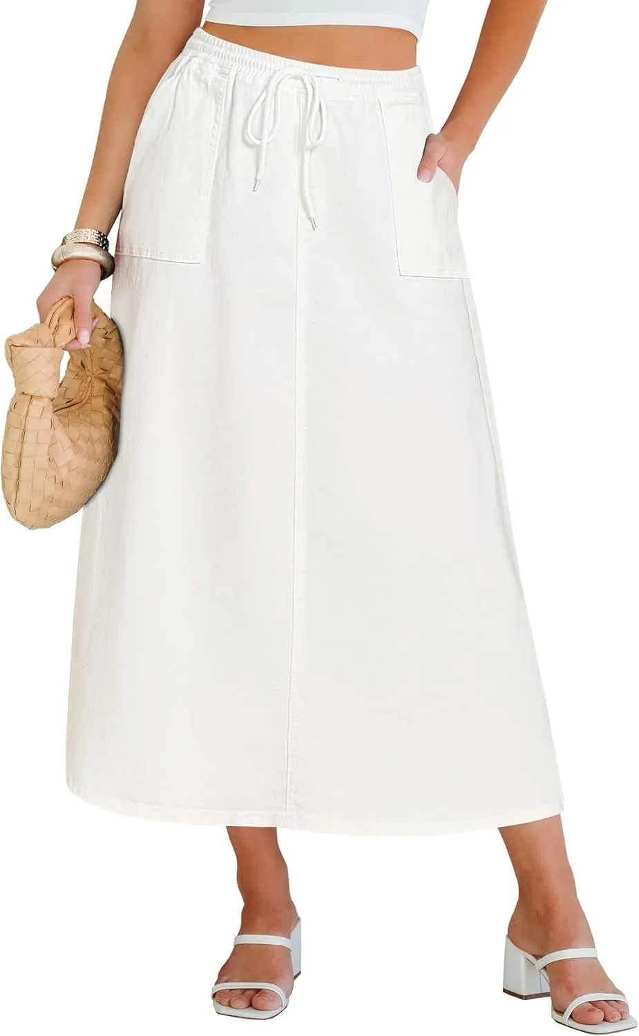 luvamia Denim Skirts for Women Trendy A Line Long Maxi Pull On Elastic Waist Drawstring Stretchy Jean Skirt with Pockets