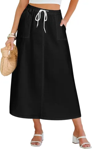 luvamia Denim Skirts for Women Trendy A Line Long Maxi Pull On Elastic Waist Drawstring Stretchy Jean Skirt with Pockets