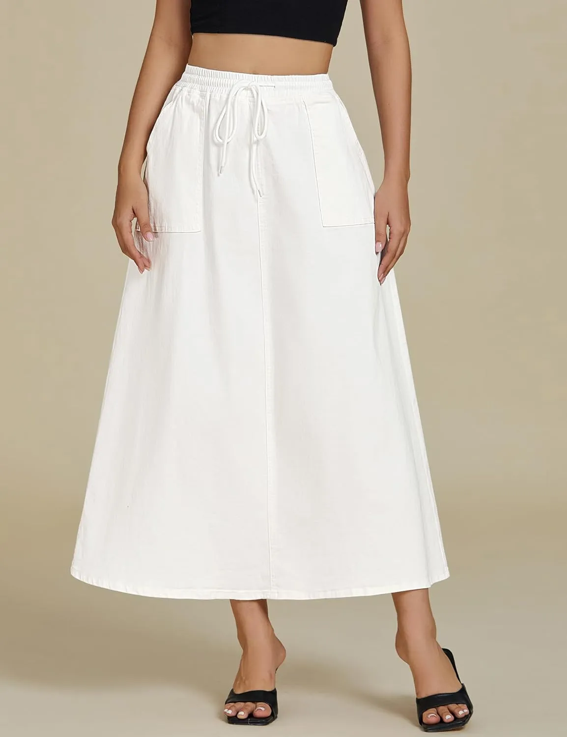 luvamia Denim Skirts for Women Trendy A Line Long Maxi Pull On Elastic Waist Drawstring Stretchy Jean Skirt with Pockets