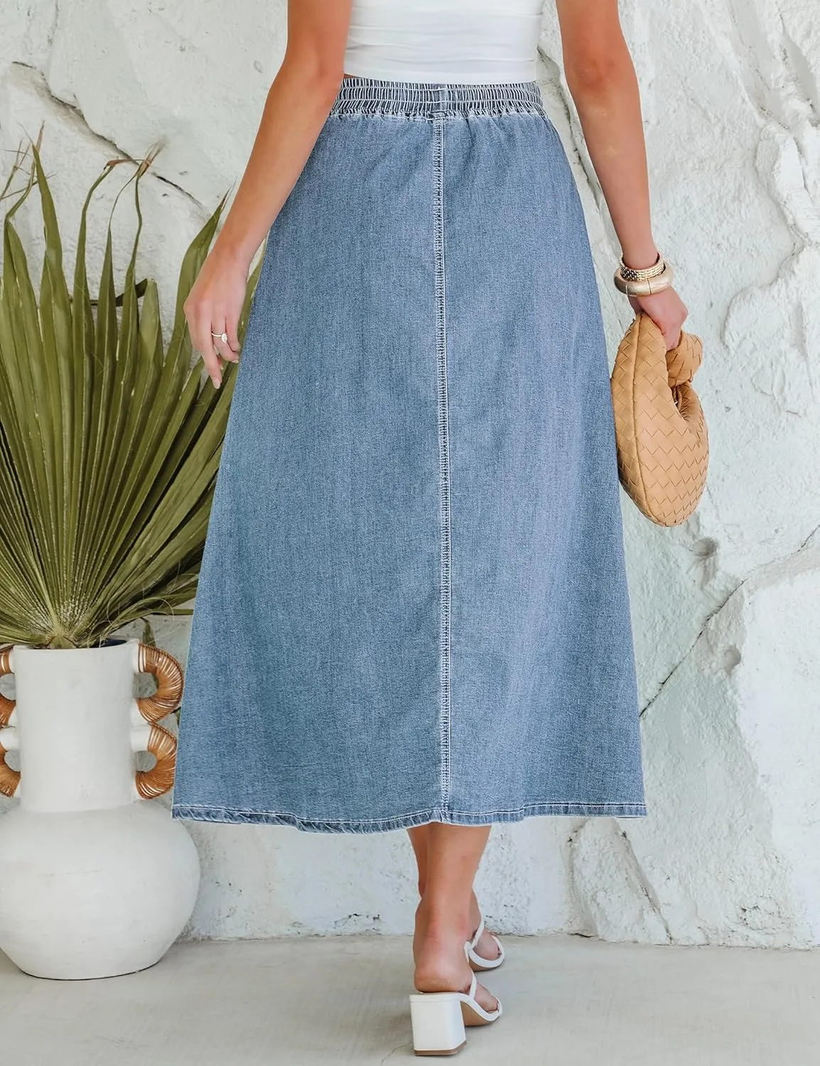 luvamia Denim Skirts for Women Trendy A Line Long Maxi Pull On Elastic Waist Drawstring Stretchy Jean Skirt with Pockets