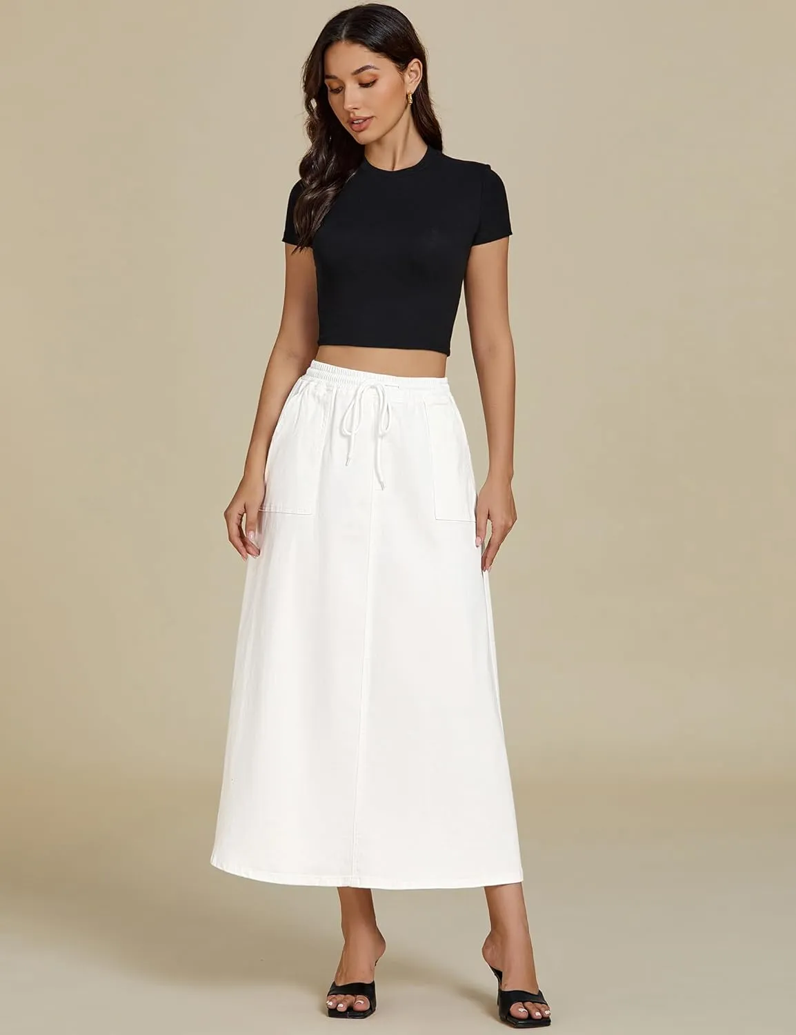 luvamia Denim Skirts for Women Trendy A Line Long Maxi Pull On Elastic Waist Drawstring Stretchy Jean Skirt with Pockets