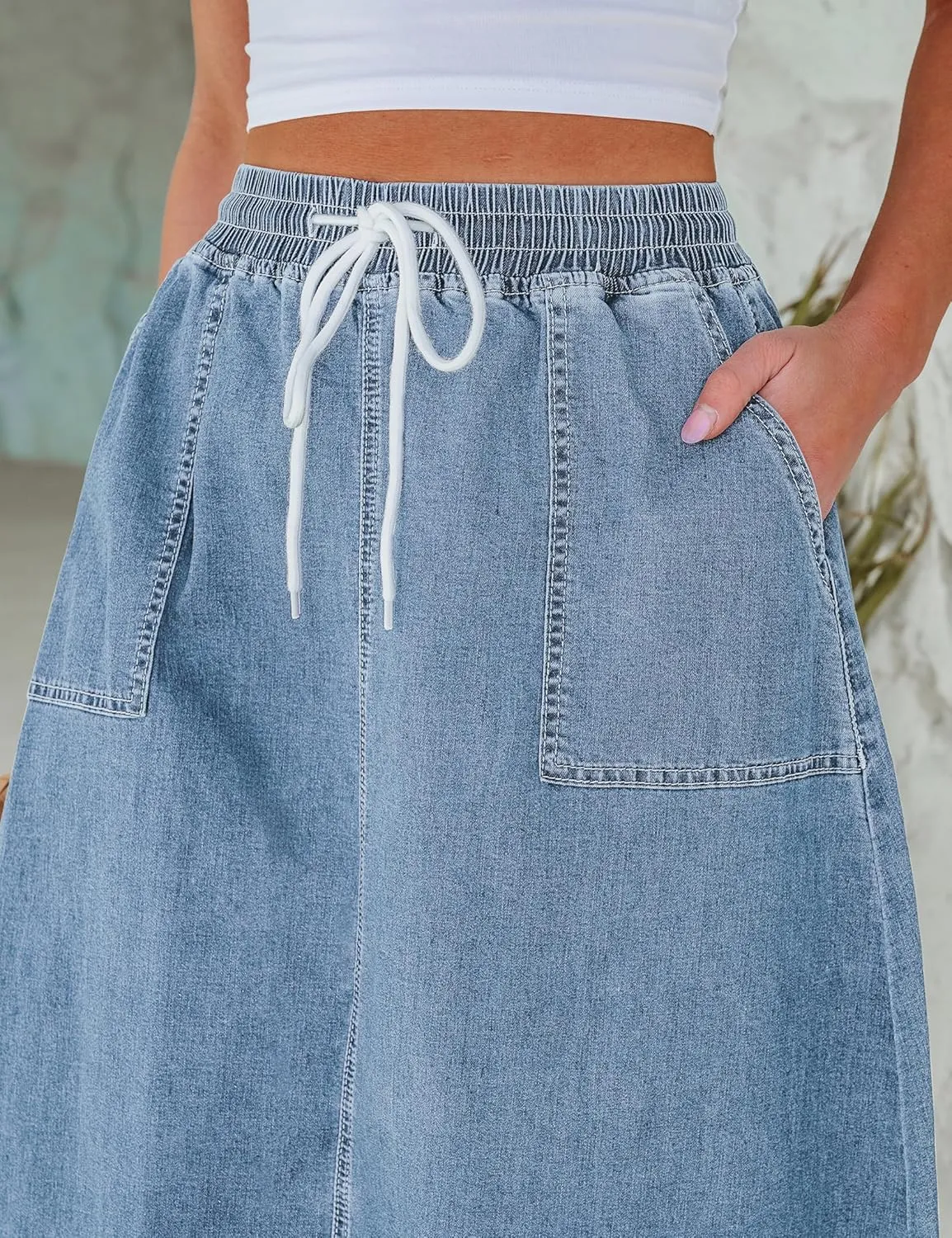 luvamia Denim Skirts for Women Trendy A Line Long Maxi Pull On Elastic Waist Drawstring Stretchy Jean Skirt with Pockets
