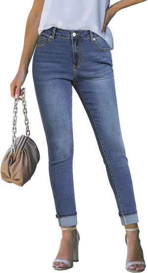 luvamia Skinny Jeans for Women Trendy High Waisted Fold Hem Slim Fit Stretchy Denim Pants Jeggings Jeans with Pockets